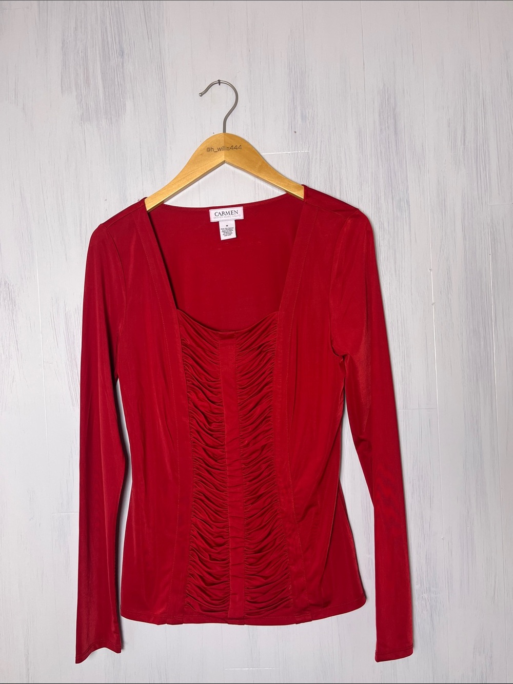 Carmen Marc Valvo Red Ruched Front Long Sleeve Blouse Size M - Picture 2 of 5